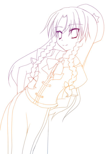shima hinako, hong meiling, embodiment of scarlet devil, touhou, 1girl, arms behind back, beret, bow, braid, braided sidelocks, chinese clothes, cowboy shot, curtained hair, dutch angle, female focus, hat, leaning to the side, long hair, looking at viewer, monochrome, parted bangs, short sleeves, side braid, simple background, smile, solo, twin braids, white background