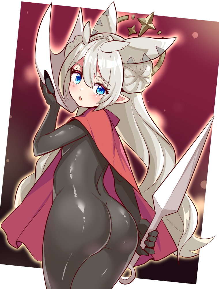 cougar (cougar1404), hornet (hollow knight), hollow knight, hollow knight: silksong, 1girl, ass, blonde hair, blue eyes, blush, bodysuit, cape, from behind, halo, kunai, long hair, looking at viewer, mask, pointy ears, reverse grip, skin tight, solo, unworn mask, weapon