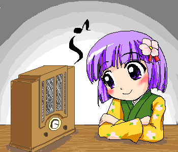 r pascal, hieda no akyuu, touhou, lowres, 1girl, female focus, flower, hair flower, hair ornament, oekaki, purple eyes, purple hair, radio, solo