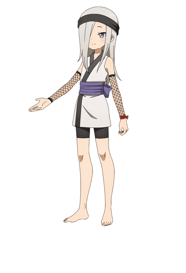 okuda yousuke, hototogisu (kunoichi tsubaki no mune no uchi), kunoichi tsubaki no mune no uchi, official art, 1girl, anime coloring, bare shoulders, bike shorts, black headband, blush, breasts, detached sleeves, flat chest, full body, grey eyes, grey hair, hair over one eye, headband, japanese clothes, kimono, long hair, long sidelocks, looking at viewer, ninja, obi, open hand, outstretched arm, purple sash, red ribbon, ribbon, sash, short kimono, sidelocks, simple background, sleeveless, solo, standing, tachi-e, transparent background, tsurime, white kimono