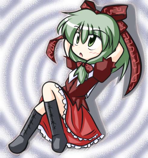 r pascal, kagiyama hina, touhou, eyebrows, 1girl, arms behind head, black boots, blush, boots, bow, chibi, female focus, front ponytail, green eyes, hair between eyes, hair bow, hair ribbon, open mouth, puffy short sleeves, puffy sleeves, red bow, red ribbon, red skirt, ribbon, short sleeves, skirt, solo