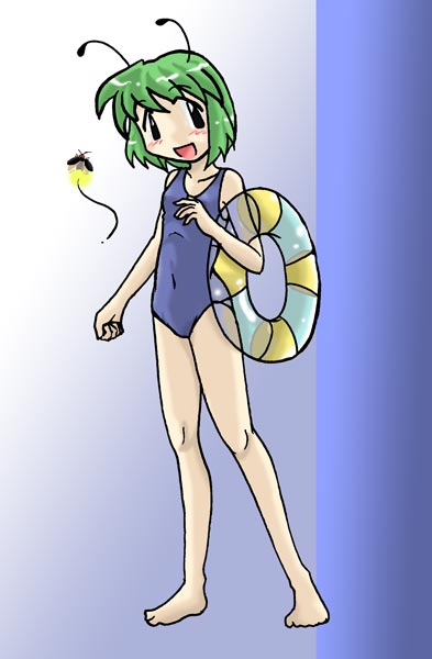 horten, wriggle nightbug, touhou, 1girl, antennae, bug, female focus, firefly, green hair, innertube, insect, one-piece swimsuit, solo, swim ring, swimsuit