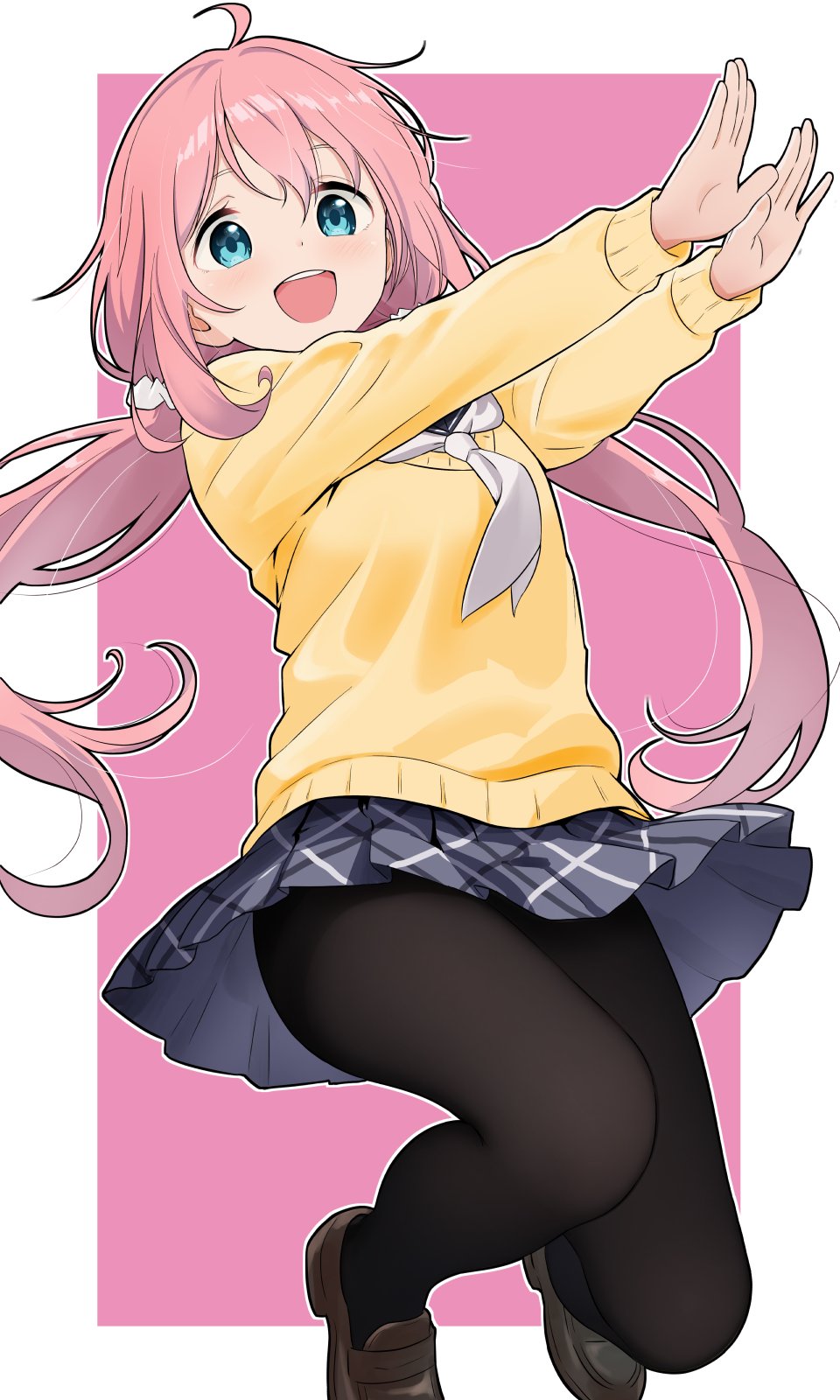 azumawari (azumofu), kagamihara nadeshiko, yurucamp, commentary request, highres, 1girl, ahoge, black pantyhose, blue eyes, blush, border, hair ornament, hair scrunchie, loafers, long hair, long sleeves, looking at viewer, low twintails, miniskirt, motosu school uniform, neckerchief, open mouth, outline, outside border, outstretched arms, pantyhose, pink background, pink hair, plaid clothes, plaid skirt, pleated skirt, school uniform, scrunchie, shoes, sidelocks, skirt, smile, solo, sweater, teeth, twintails, upper teeth only, white border, white neckerchief, white outline, yellow sweater