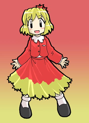 horten, aki shizuha, touhou, lowres, 1girl, black shoes, blonde hair, dress, female focus, hair ornament, leaf, leaf hair ornament, leaf on head, object on head, red dress, shoes, short hair, solo, yellow eyes