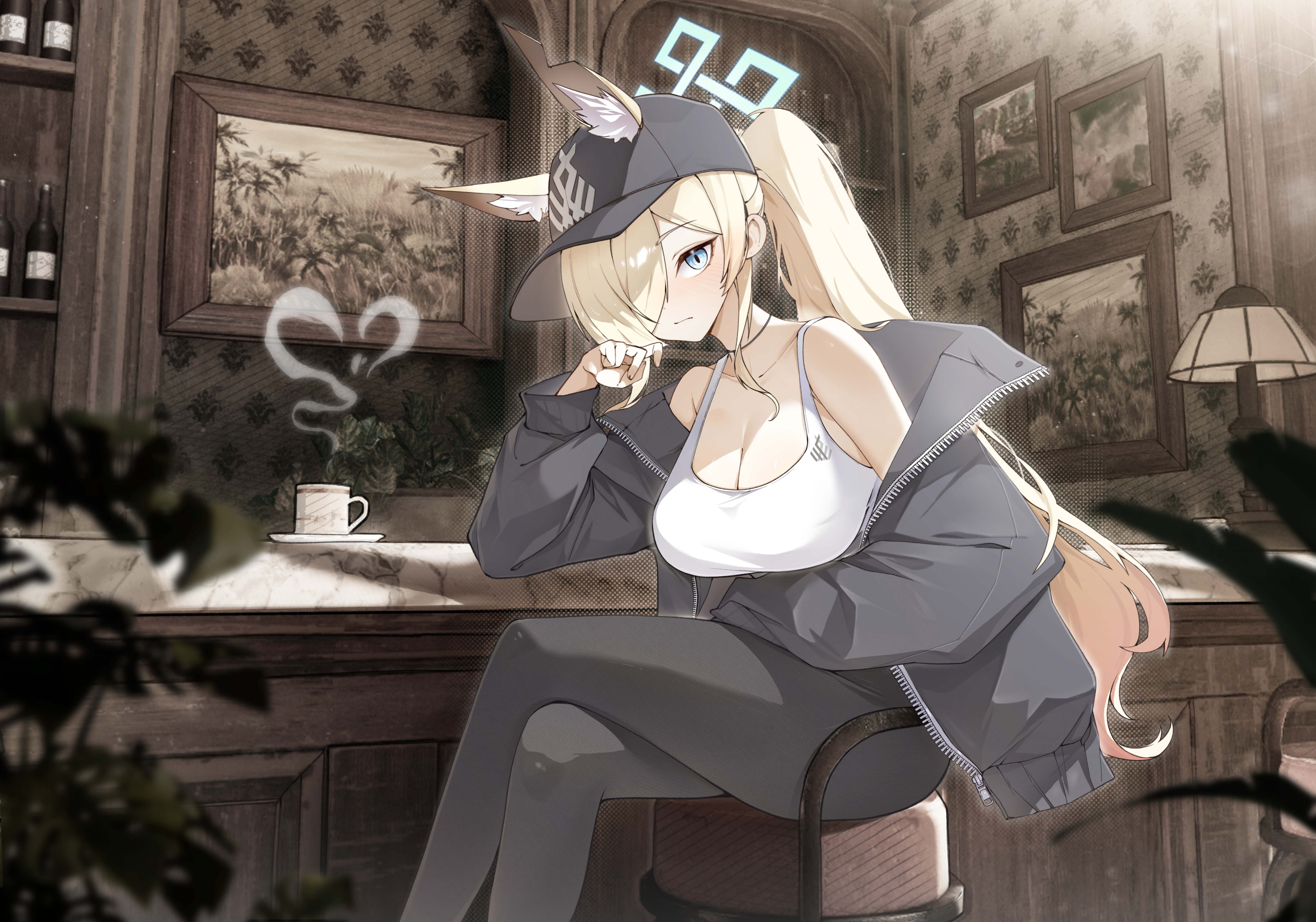 micasa tto, kanna (blue archive), blue archive, absurdres, highres, revision, 1girl, alternate costume, alternate hairstyle, animal ear fluff, animal ears, black hat, black jacket, black pants, blonde hair, blue eyes, blush, breasts, closed mouth, crossed legs, dog ears, dog girl, hair over one eye, hand in pocket, hat, jacket, long hair, looking at viewer, on stool, pants, plant, ponytail, sidelocks, sitting, solo, tank top, white tank top