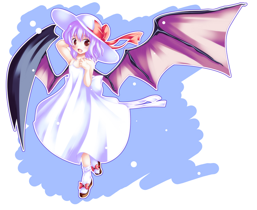 moru pomu po, remilia scarlet, touhou, 1girl, :d, alternate costume, arm behind head, bare arms, bat wings, dress, female focus, hat, hat ribbon, open mouth, purple hair, red eyes, ribbon, short hair, smile, socks, solo, sun hat, sundress, white dress, white socks, wings