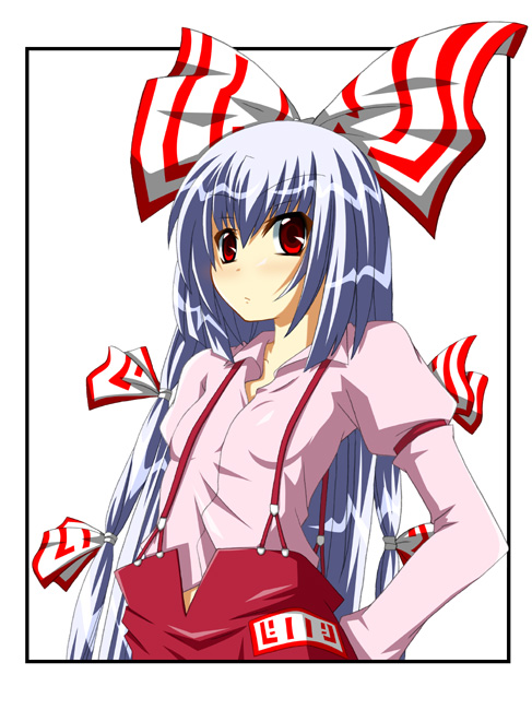 fumihiro, fujiwara no mokou, touhou, silver hair, 1girl, border, bow, collared shirt, female focus, hair bow, hands in pockets, long hair, looking at viewer, multiple hair bows, ofuda, pants, pink shirt, red eyes, shirt, simple background, solo, suspenders, very long hair, white background