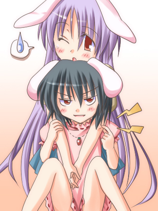 toshihiro, inaba tewi, reisen udongein inaba, touhou, lowres, 2girls, animal ears, female focus, gradient background, multiple girls, rabbit ears, sitting