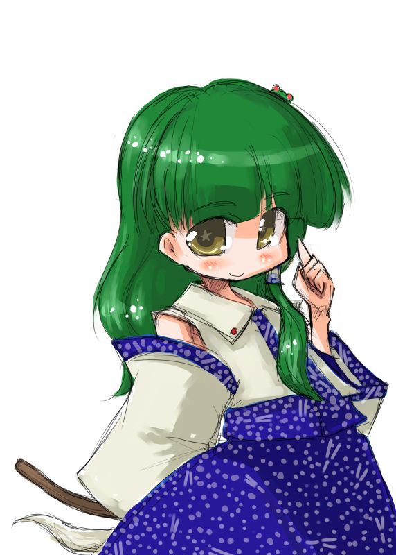 tao, tao (kadoya), kochiya sanae, touhou, + +, 1girl, blue skirt, female focus, frog hair ornament, gohei, green hair, hair ornament, long hair, pointing, pointing up, skirt, smile, solo, star-shaped pupils, star (symbol), symbol-shaped pupils