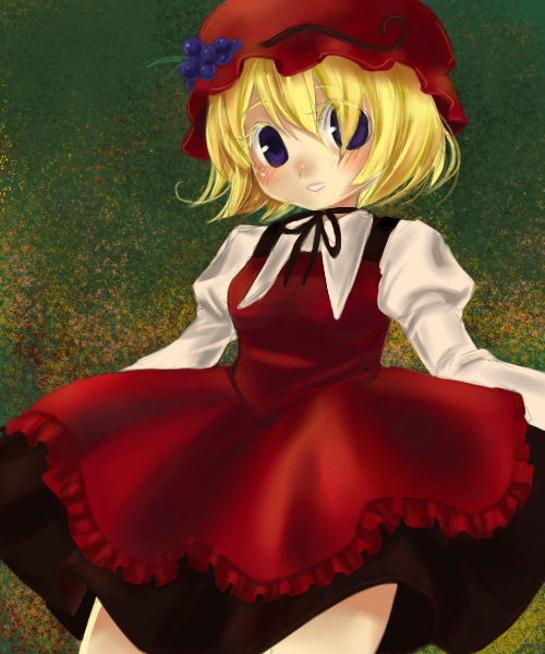 ono mochiko, aki minoriko, touhou, multicolored background, 1girl, blonde hair, blush, dress, female focus, food, fruit, grapes, hair ornament, hair over one eye, hat, juliet sleeves, leaf, leaf hair ornament, leaf on head, long sleeves, mob cap, puffy sleeves, red dress, solo, upper body