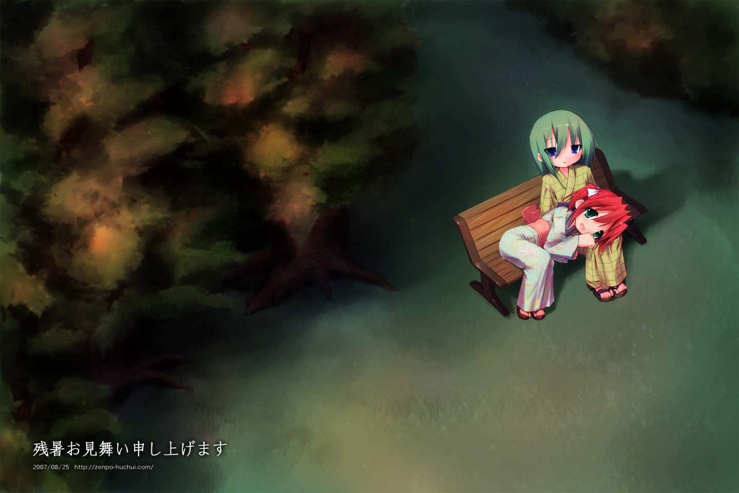 kuroba u, iwasaki minami, kobayakawa yutaka, lucky star, 00s, 2girls, blue eyes, green eyes, green hair, japanese clothes, kimono, multiple girls, red hair, sandals, short hair, smile, yukata, zouri