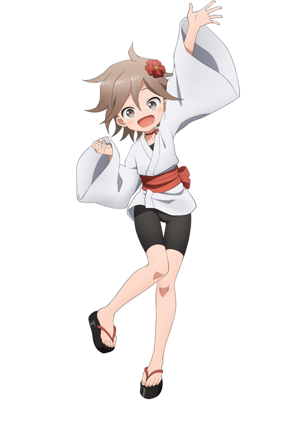 okuda yousuke, kagetsu (kunoichi tsubaki no mune no uchi), kunoichi tsubaki no mune no uchi, official art, 1girl, :d, ahoge, anime coloring, arm up, bike shorts, black sandals, blush, breasts, brown eyes, brown hair, choker, clenched hand, collarbone, flat chest, flipped hair, flower, full body, hair between eyes, hair flower, hair ornament, hand up, japanese clothes, kimono, long sleeves, looking at viewer, ninja, obi, okobo, open hand, open mouth, outstretched arm, palms, platform sandals, red choker, red flower, sandals, sash, short hair, short kimono, simple background, smile, solo, spread fingers, standing, standing on one leg, tachi-e, transparent background, wide sleeves, zouri