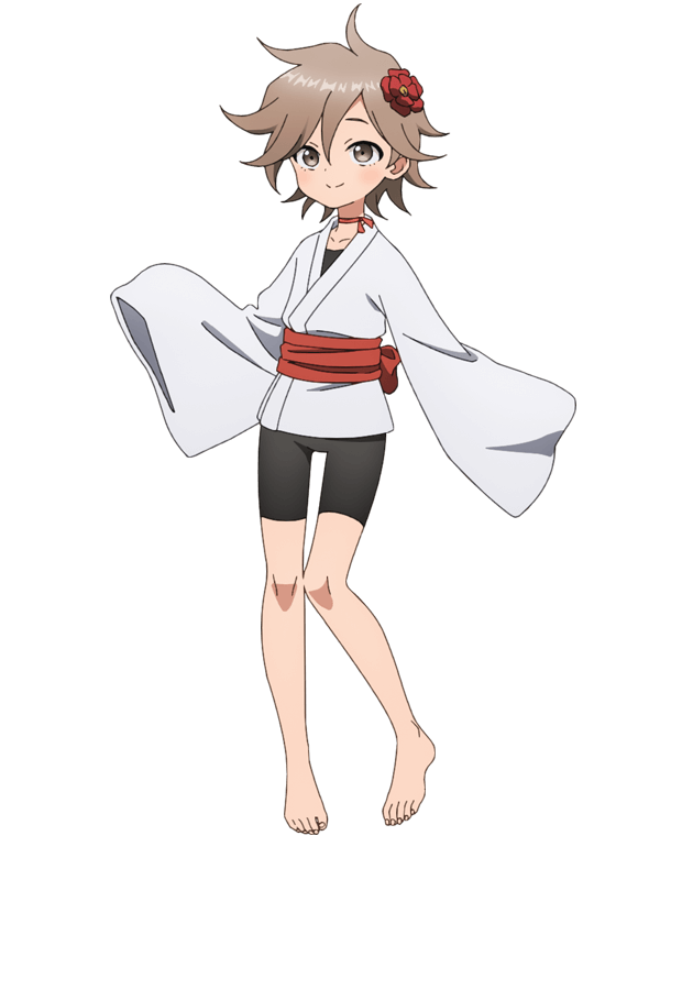 okuda yousuke, kagetsu (kunoichi tsubaki no mune no uchi), kunoichi tsubaki no mune no uchi, official art, 1girl, ahoge, anime coloring, barefoot, bike shorts, blush, breasts, brown eyes, brown hair, choker, closed mouth, collarbone, flat chest, flipped hair, flower, full body, hair between eyes, hair flower, hair ornament, japanese clothes, kimono, long sleeves, looking at viewer, ninja, obi, red choker, red flower, sash, short hair, short kimono, simple background, sleeves past wrists, smile, solo, standing, tachi-e, transparent background, wide sleeves
