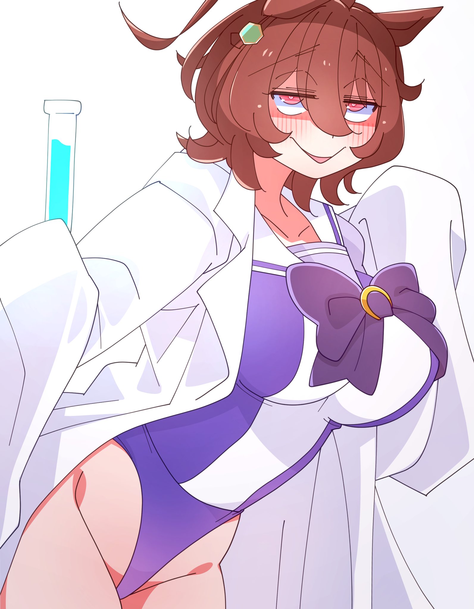 kaijin debeso, agnes tachyon (umamusume), umamusume, highres, 1girl, animal ears, bow, bowtie, breasts, brown eyes, brown hair, coat, hair ornament, highleg, holding, horse ears, lab coat, large breasts, leotard, long coat, looking up, open clothes, open coat, purple bow, purple bowtie, short hair, solo, solo focus, test tube