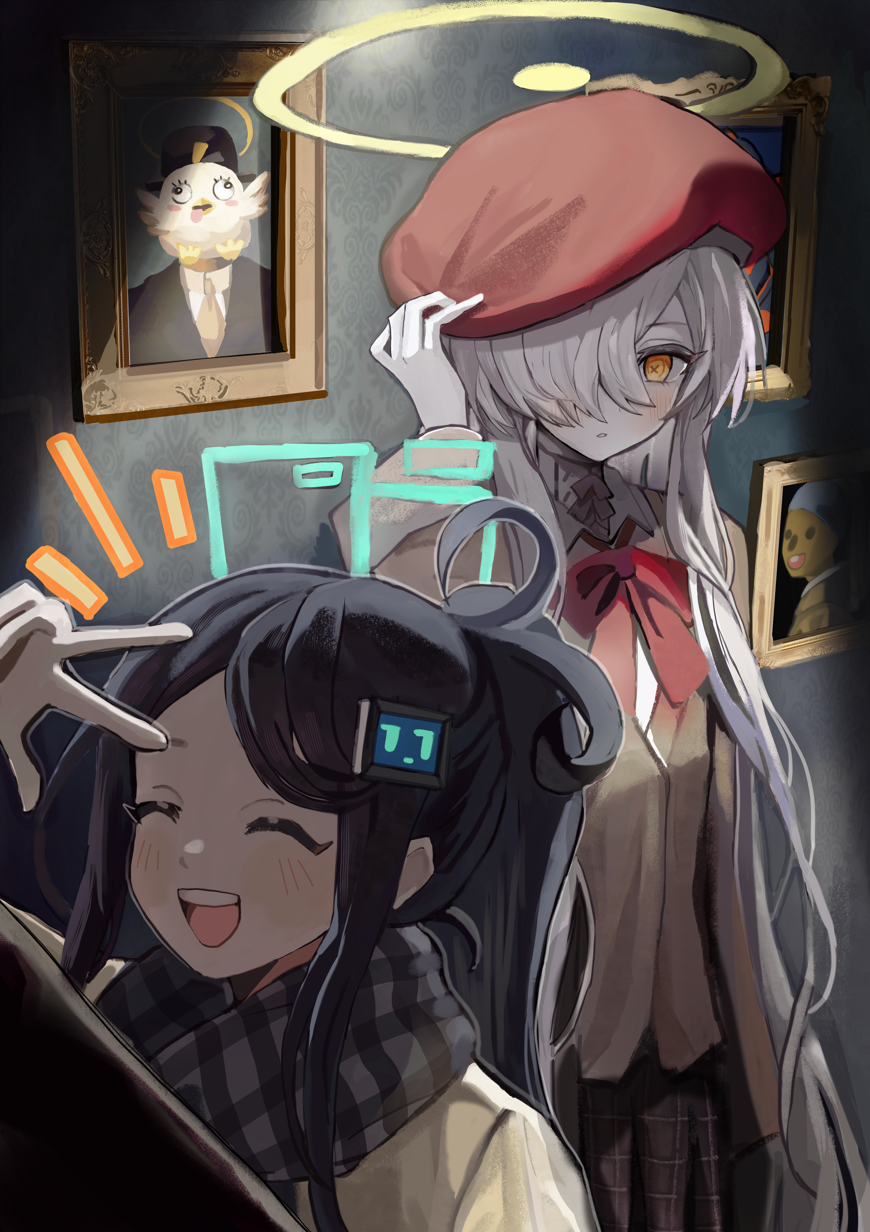 konattang, aris (blue archive), malkuth (blue archive), peroro (blue archive), blue archive, absurdres, commentary request, highres, 2girls, alternate costume, alternate hairstyle, beret, black hair, blue halo, blush, bow, brown jacket, closed eyes, closed mouth, grey scarf, hair over one eye, halo, hat, jacket, long hair, multiple girls, open mouth, plaid clothes, plaid scarf, ponytail, portrait, red bow, red hat, scarf, shirt, symbol-shaped pupils, w, white hair, white shirt, x-shaped pupils, yellow eyes, yellow halo