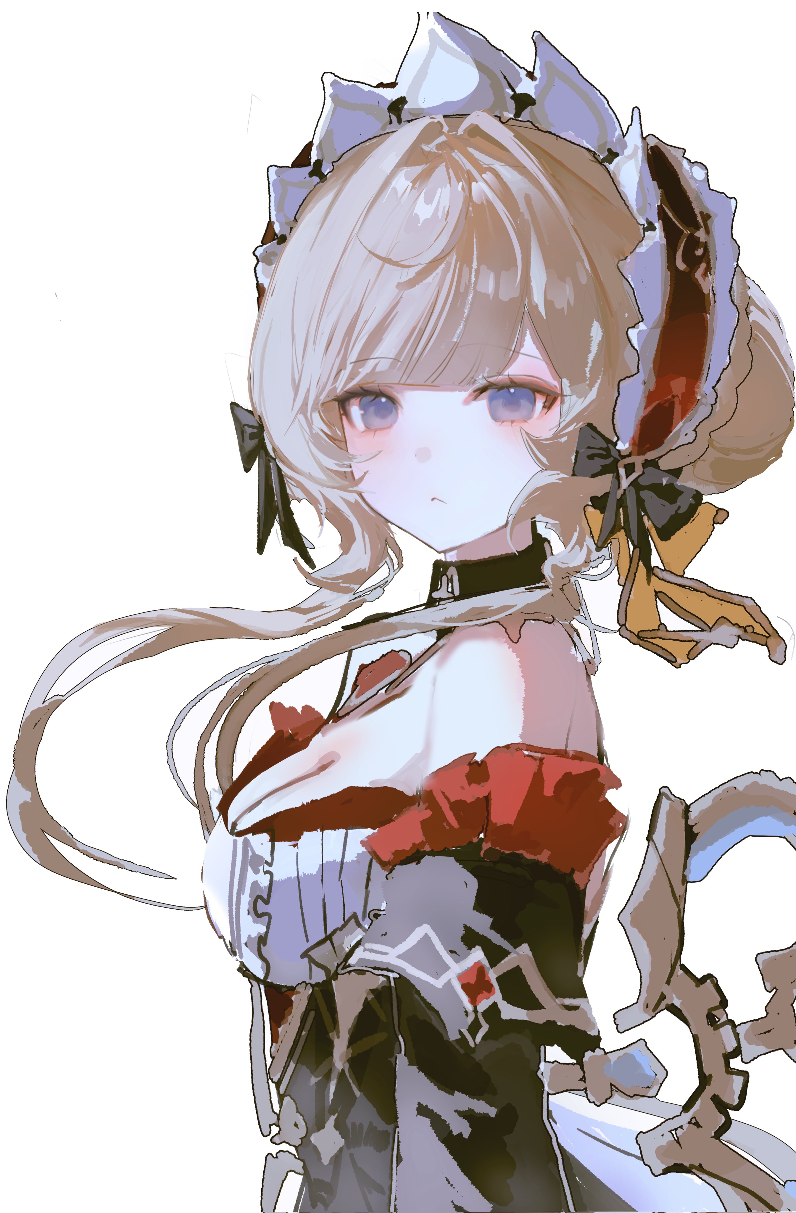 sandrone (genshin impact), genshin impact, absurdres, highres, 1girl, 8×9 1t, bare shoulders, blonde hair, blue eyes, bonnet, bow, breasts, cleavage, closed mouth, dress, frills, from side, hair bun, long hair, looking at viewer, maid headdress, medium breasts, purple eyes, simple background, solo, upper body, white background