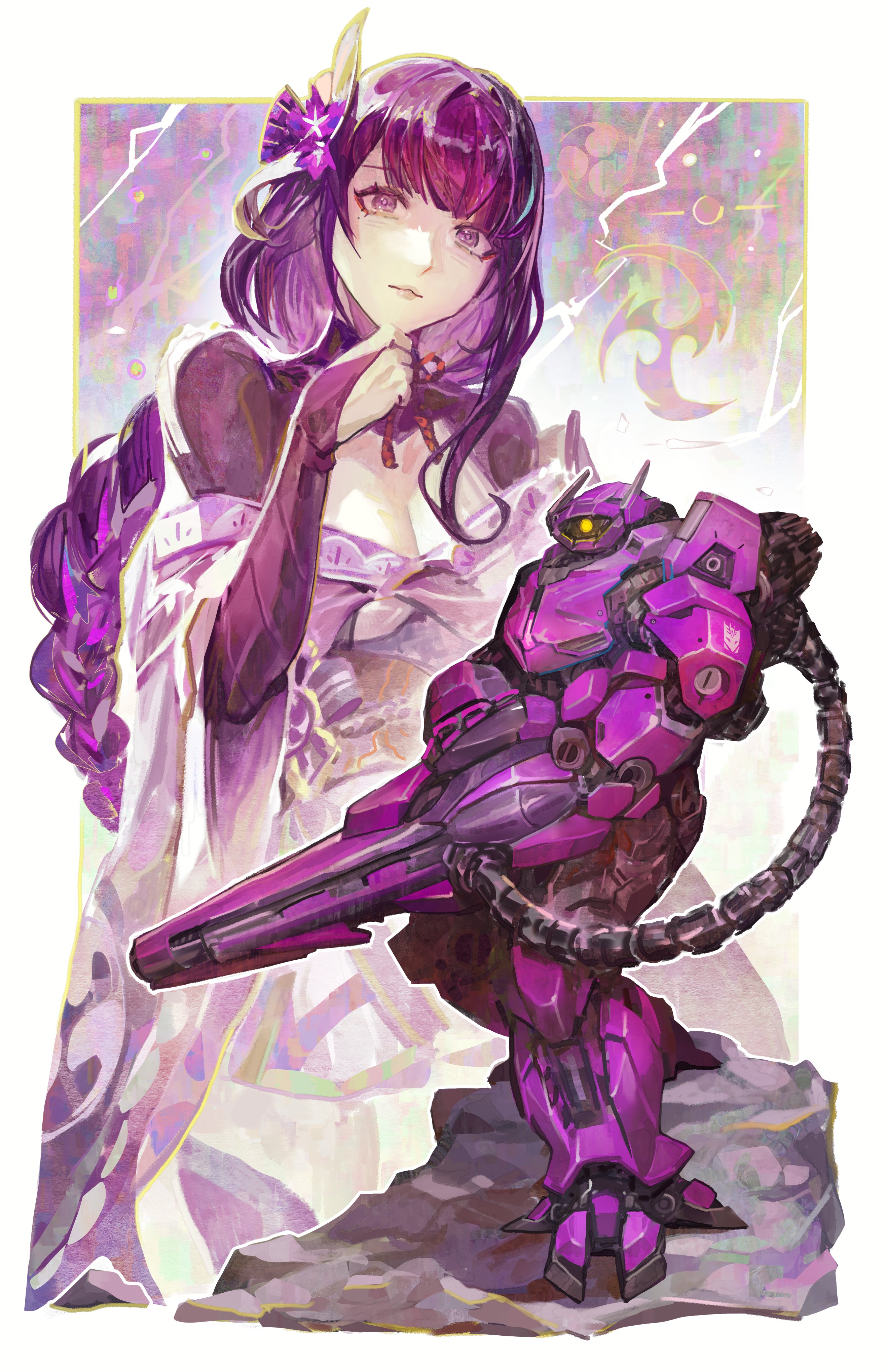 subakeye, raiden shogun, shockwave (transformers), genshin impact, transformers, absurdres, commentary, english commentary, highres, 1girl, blunt bangs, braid, breasts, bridal gauntlets, cleavage, closed mouth, couple, crossover, electricity, fan hair ornament, flower, flower ornament, hair ornament, hand on own chin, head tilt, japanese clothes, joints, kimono, large breasts, long braid, long hair, mechanical arms, mitsudomoe (shape), mole, mole under eye, multicolored hair, neck ribbon, off shoulder, purple eyes, purple flower, purple hair, purple kimono, purple thighhighs, red ribbon, red sash, ribbon, robot, robot boy, robot joints, sash, shade, single braid, standing, streaked hair, thighhighs, thighs, tomoe (symbol), weapon