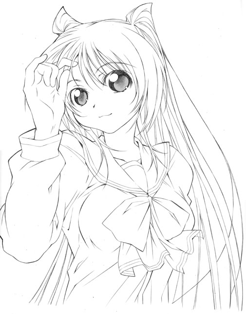 yamaguchi homupe, kousaka tamaki, to heart (series), to heart 2, 00s, 1girl, female focus, greyscale, lineart, long hair, looking at viewer, monochrome, smile, solo, upper body