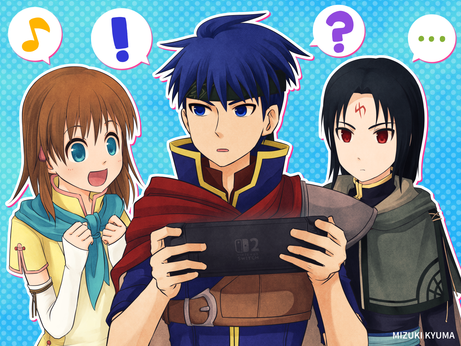mizuki kyuuba, ike (fire emblem), mist (fire emblem), soren (fire emblem), fire emblem, fire emblem: path of radiance, nintendo, commentary request, !, …, 1girl, 2boys, ?, artist name, black hair, blue eyes, blue hair, brother and sister, brown hair, facial mark, forehead mark, handheld game console, holding, holding handheld game console, multiple boys, musical note, nintendo switch 2, red eyes, siblings, speech bubble, spoken ellipsis, spoken exclamation mark, spoken musical note, spoken question mark