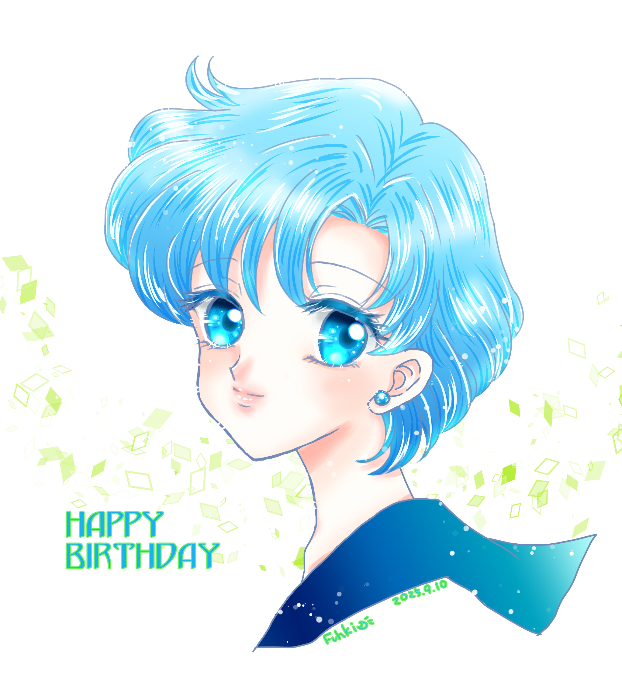 fuzuki (pri fuhki), mizuno ami, bishoujo senshi sailor moon, highres, blue eyes, blue hair, blue sailor collar, dated, earrings, happy birthday, jewelry, juuban middle school uniform, looking at viewer, parted lips, sailor collar, school uniform, serafuku, shirt, short hair, stud earrings, white shirt