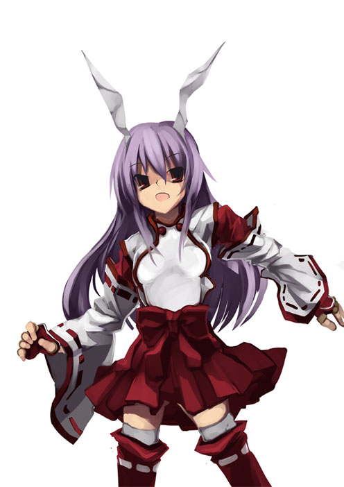 shimadoriru, reisen udongein inaba, touhou, 1girl, adapted uniform, alternate costume, animal ears, female focus, japanese clothes, miko, nontraditional miko, rabbit ears, solo, thighhighs