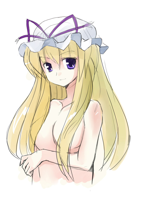 seo tatsuya, yakumo yukari, touhou, 1girl, blonde hair, completely nude, female focus, smile, solo, topless frame, upper body