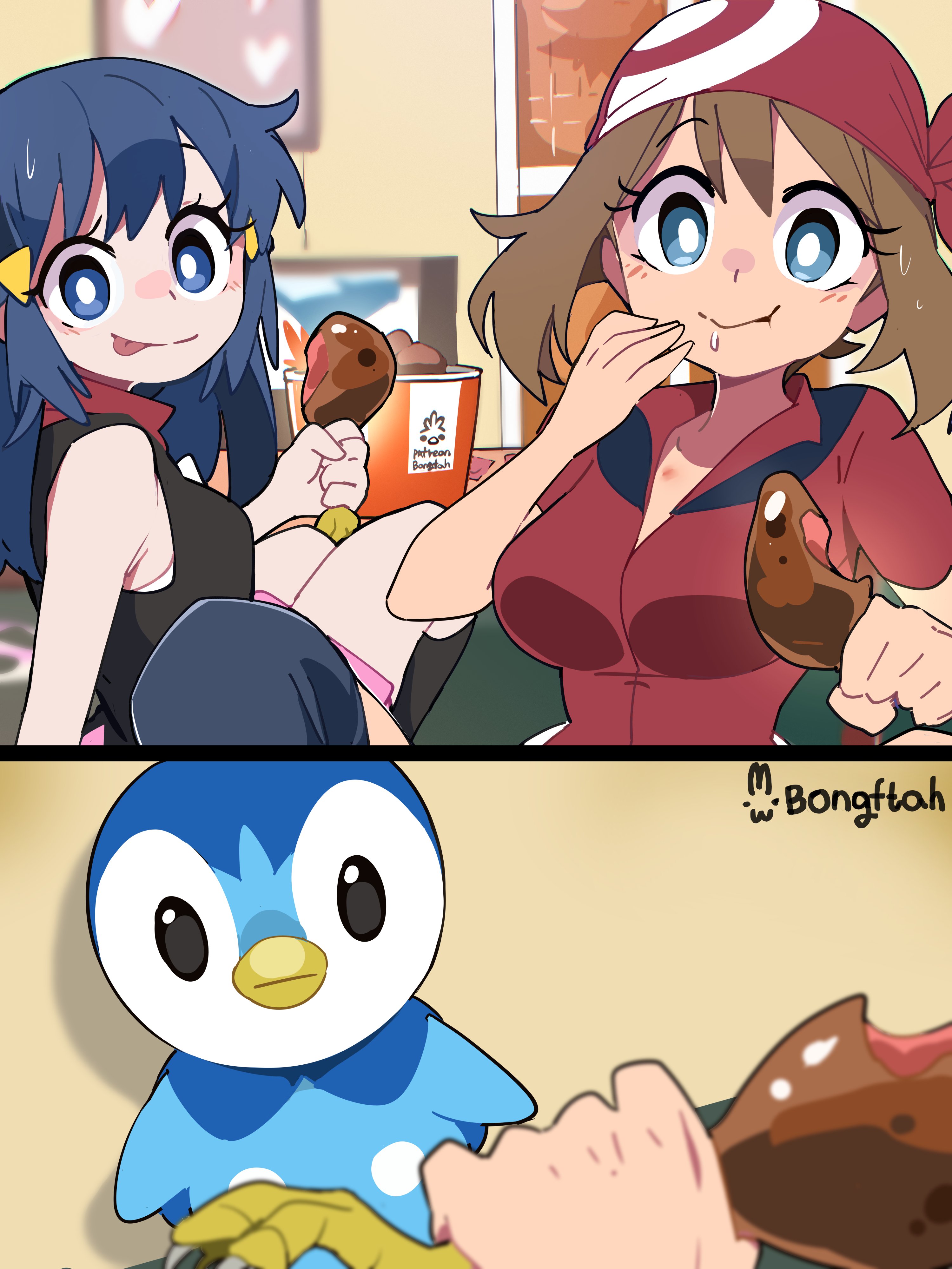 bongftah, dawn (pokemon), may (pokemon), nintendo, pokemon, pokemon dppt, pokemon rse, absurdres, commentary, highres, symbol-only commentary, 2girls, :p, artist name, blue eyes, blue hair, blush, breasts, bright pupils, brown hair, chicken (food), creature request, eating, food, medium breasts, multiple girls, pokemon (creature), saliva, tongue, tongue out, white pupils