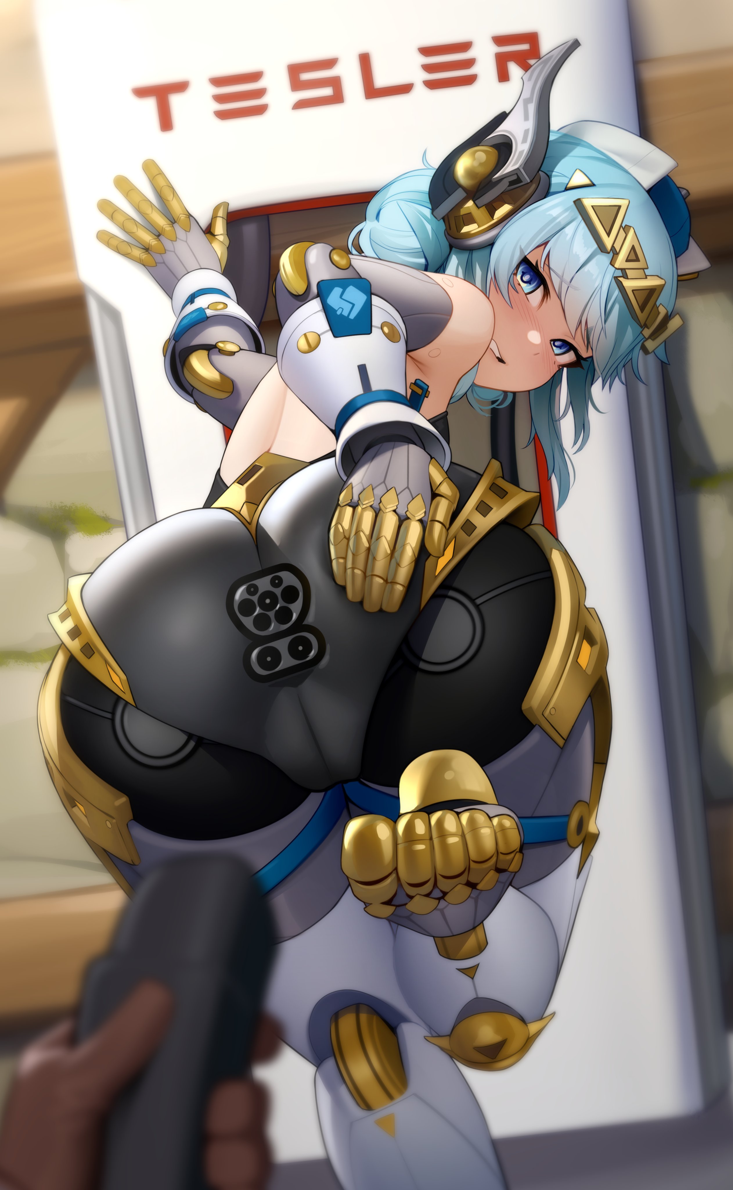 kairunoburogu, ineffa (genshin impact), genshin impact, tesla (company), absurdres, commentary, commission, english commentary, highres, 1girl, 1other, android, ass, ass focus, bent over, blue eyes, blue hair, blurry, blurry foreground, blush, brand name imitation, furrowed brow, hand on own ass, joints, looking at viewer, looking back, parted lips, robot ears, robot joints, standing, standing on one leg, tesla supercharger