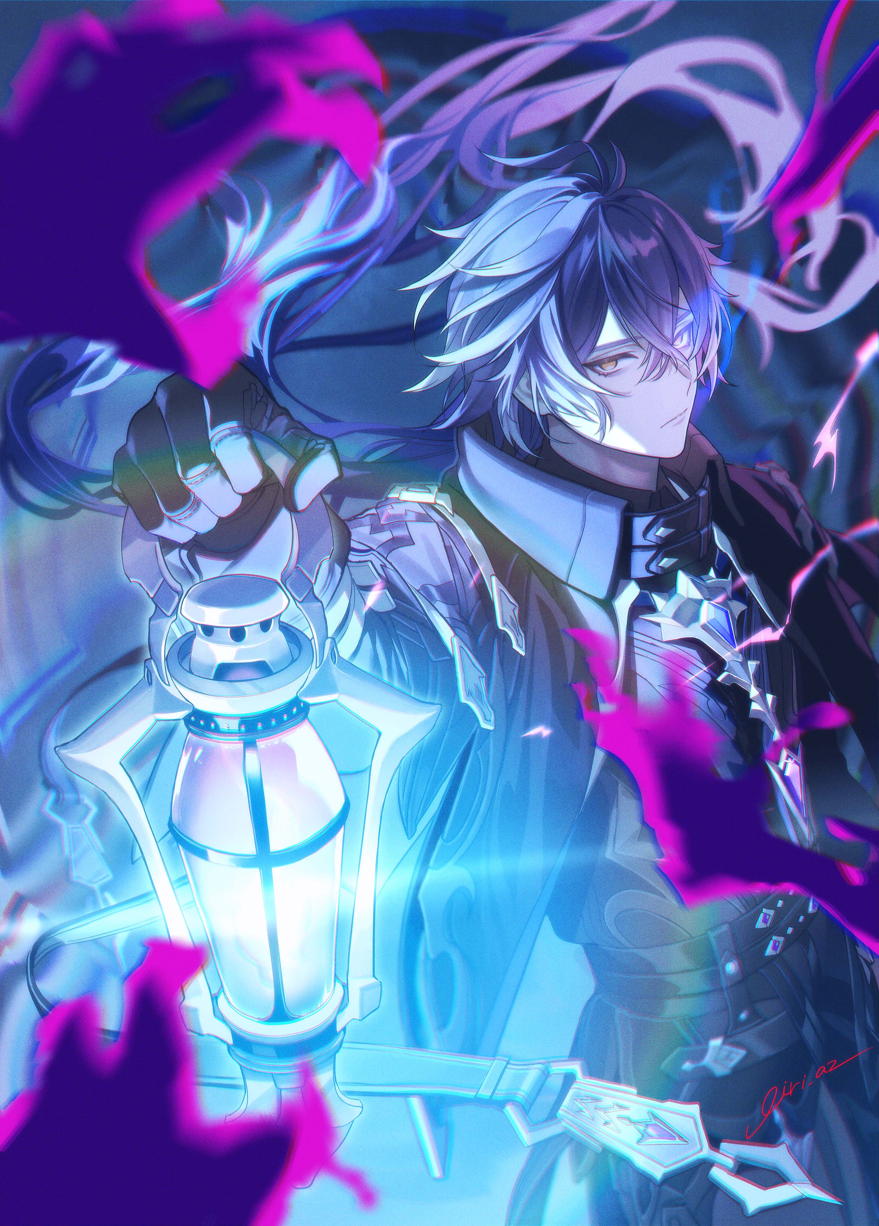 gr giri, flins (genshin impact), genshin impact, absurdres, commentary request, highres, 1boy, antenna hair, artist name, belt, black belt, black capelet, black coat, black gloves, capelet, closed mouth, coat, collared capelet, crossed bangs, expressionless, floating hair, gloves, hair between eyes, hand up, holding, holding lantern, lantern, long hair, looking at viewer, male focus, purple hair, signature, solo, standing, yellow eyes