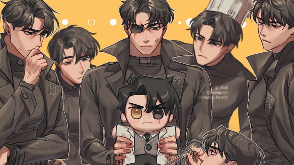 guding nut, secretive plotter, yoo joonghyuk, omniscient reader's viewpoint, 6+boys, :|, black coat, black eyes, black hair, black necktie, black shirt, character doll, chef hat, clone, closed mouth, coat, crew neck, curtained hair, doll, eyepatch, finger to mouth, grey vest, hat, heterochromia, light frown, looking at another, multiple boys, multiple persona, necktie, popped collar, scar, scar across eye, scar on face, scar on hand, shirt, short hair, upper body, vest, white coat, yellow eyes