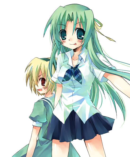 suzushiro kurumi, houjou satoko, sonozaki shion, higurashi no naku koro ni, 00s, 2girls, :p, blonde hair, closed mouth, collared shirt, dress, dress shirt, green dress, looking at viewer, looking back, multiple girls, outstretched arm, puffy short sleeves, puffy sleeves, shirt, short sleeves, simple background, smile, standing, tongue, tongue out, white background