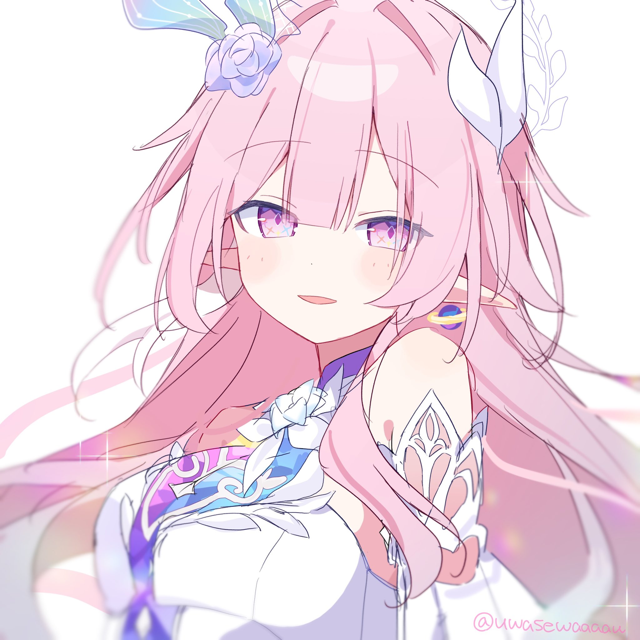 uwasewau, cyrene (honkai: star rail), cyrene (ripples of past reverie) (honkai: star rail), honkai: star rail, honkai (series), highres, 1girl, breasts, dress, earrings, flower, hair flower, hair ornament, halo, jewelry, large breasts, looking at viewer, multicolored hair, parted lips, pink hair, pointy ears, purple eyes, simple background, smile, solo, twitter username, two-tone hair, white background, white dress, white hair