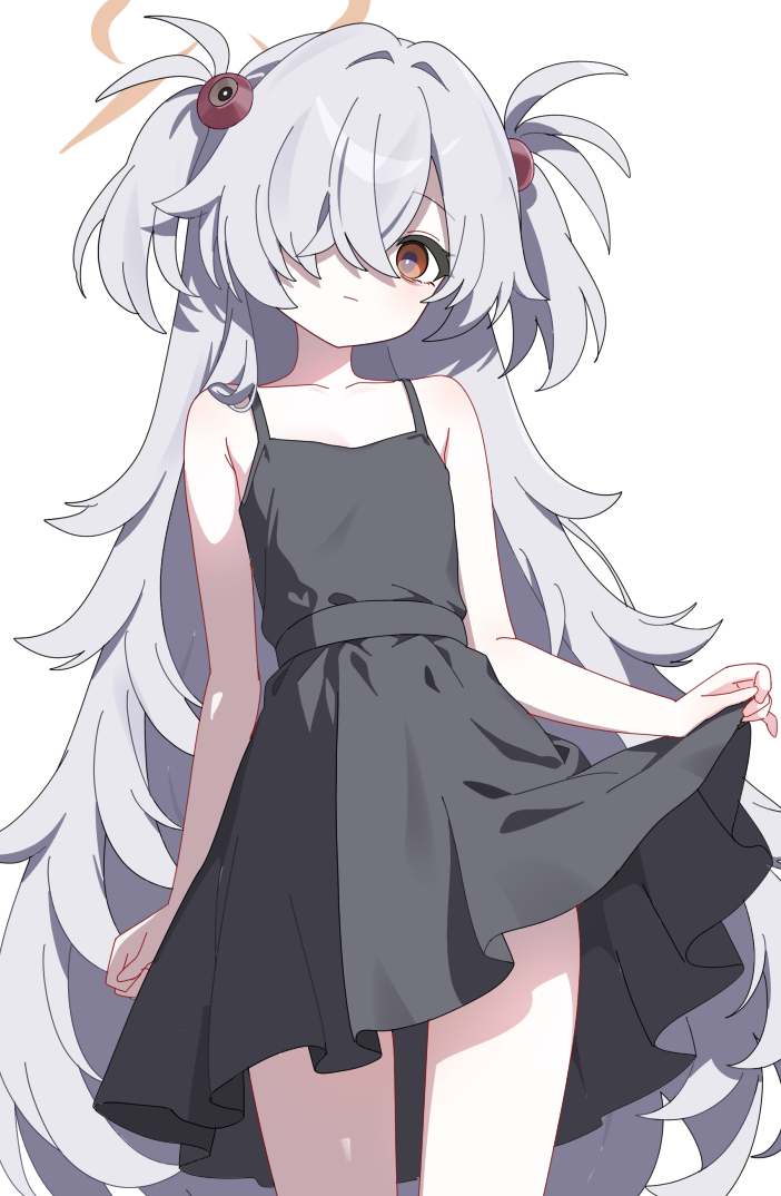 foulo paints, kanoe (blue archive), blue archive, 1girl, bare arms, bare legs, bare shoulders, black dress, breasts, clothes lift, dress, flat chest, grey hair, hair ornament, halo, long hair, orange eyes, pulling own clothes, simple background, skirt, skirt lift, sleeveless, sleeveless dress, small breasts, solo, solo focus, twintails, very long hair, white background, yellow halo
