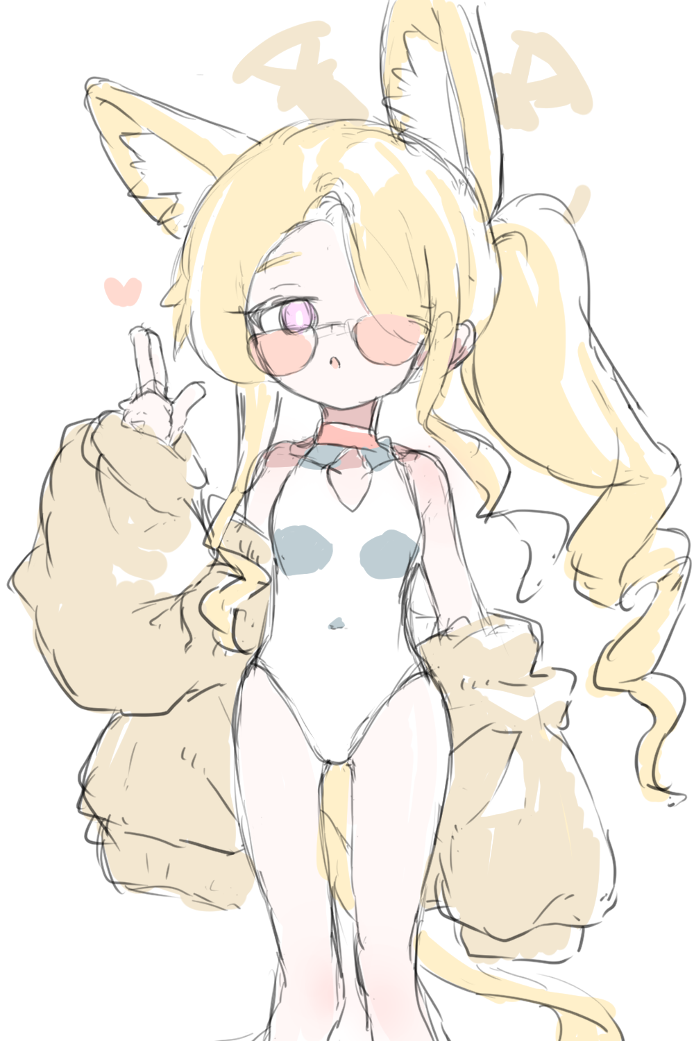norippe (user zgsf8872), seia (blue archive), seia (swimsuit) (blue archive), blue archive, highres, 1girl, :o, bare shoulders, blonde hair, breasts, brown jacket, collarbone, covered collarbone, covered navel, feet out of frame, hair over one eye, halo, hand up, jacket, long hair, long sleeves, off shoulder, one-piece swimsuit, open clothes, open jacket, parted lips, pink-tinted eyewear, puffy long sleeves, puffy sleeves, purple eyes, side ponytail, simple background, sketch, sleeves past wrists, small breasts, solo, standing, sunglasses, swimsuit, tinted eyewear, very long hair, white background, white one-piece swimsuit