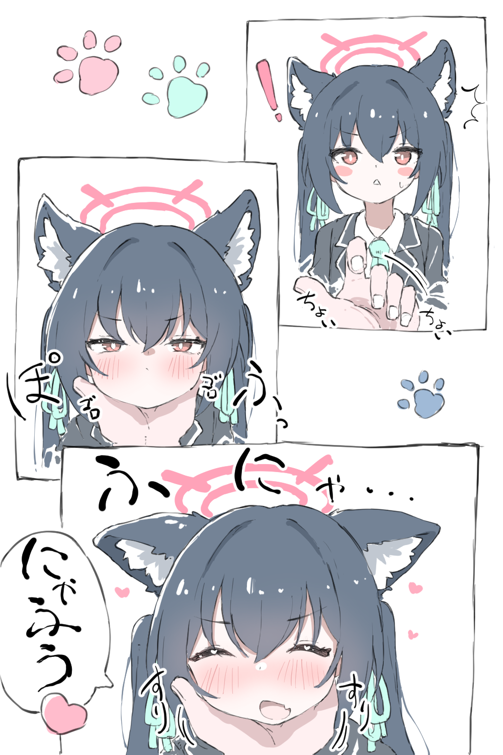 norippe (user zgsf8872), sensei (blue archive), serika (blue archive), blue archive, commentary request, highres, translation request, !, 1boy, 1girl, ^^^, animal ear fluff, animal ears, black hair, black jacket, blazer, blue necktie, blue ribbon, blush, cat ears, closed eyes, closed mouth, collared shirt, fang, hair ribbon, halo, jacket, long hair, necktie, open mouth, parted lips, ribbon, shirt, twintails, white background, white shirt