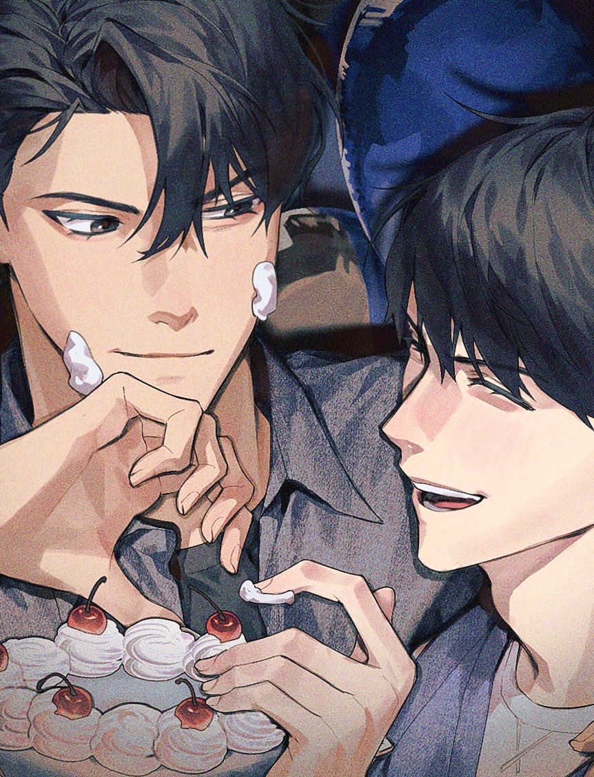 guding nut, kim dokja, yoo joonghyuk, omniscient reader's viewpoint, 1other, 2boys, black eyes, black hair, black shirt, cake, cherry, close-up, closed eyes, collared shirt, curtained hair, facing viewer, food, food on face, fruit, hair between eyes, half-closed eye, laughing, male focus, multiple boys, shirt, short hair, smirk, whipped cream, wiping face