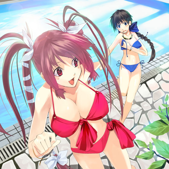 kabocha, kabocha (monkey4), 2girls, :d, bikini, black hair, blue eyes, braid, breasts, cleavage, fang, foreshortening, large breasts, long hair, multiple girls, open mouth, pink hair, pool, poolside, pulling, red eyes, ribbon, side-tie bikini bottom, smile, swimsuit, twintails, wardrobe malfunction