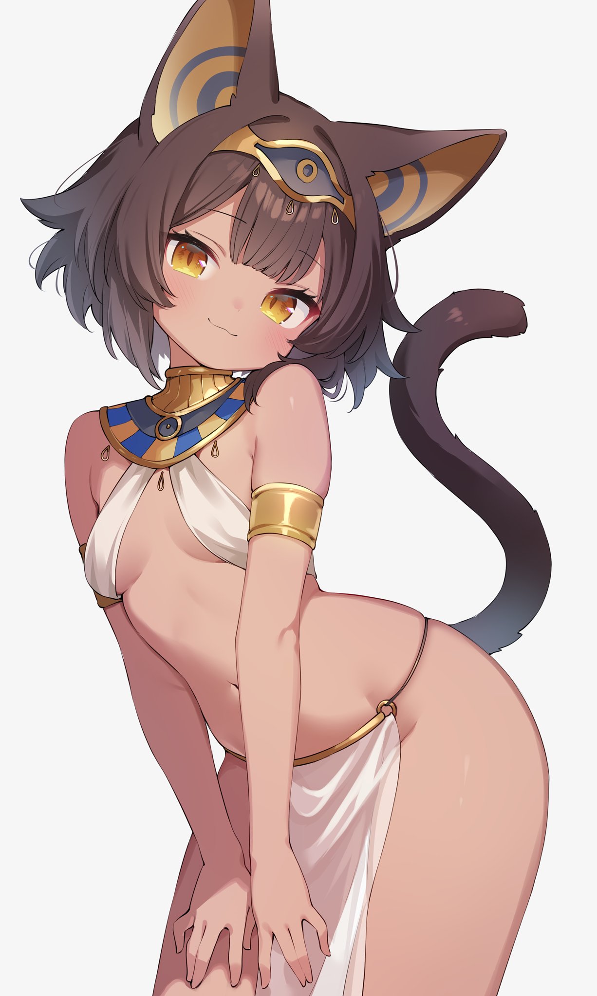 original, gold armlet, highres, 1girl, animal ears, breasts, brown hair, cat ears, cat girl, cat tail, dark-skinned female, dark skin, eye of horus, gold hairband, hairband, hands on own thighs, head tilt, loincloth, looking at viewer, navel, pelvic curtain, potenoki, see-through clothes, see-through loincloth, see-through pelvic curtain, short hair, simple background, sling bikini top, small breasts, stomach, tail, usekh collar, white background, yellow eyes