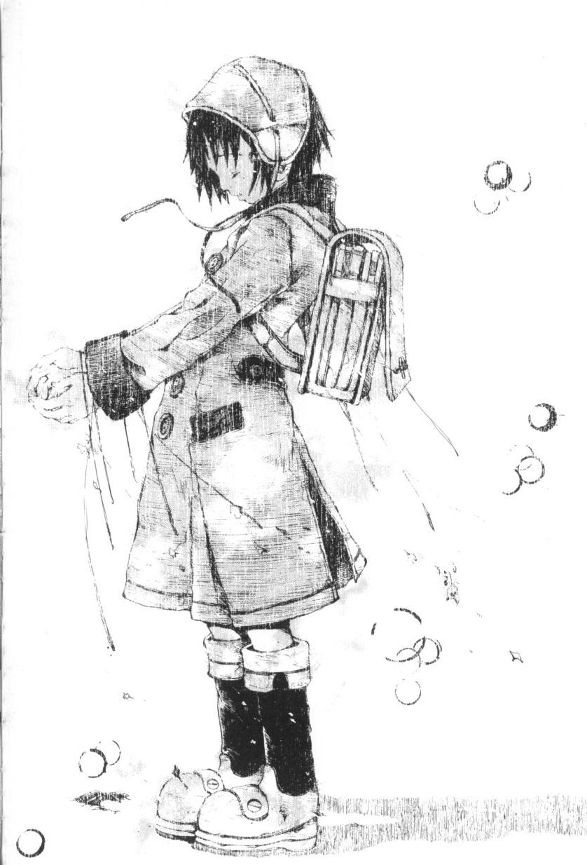 miura yasuto, highres, backpack, bag, bonnet, boots, greyscale, monochrome, randoseru, solo