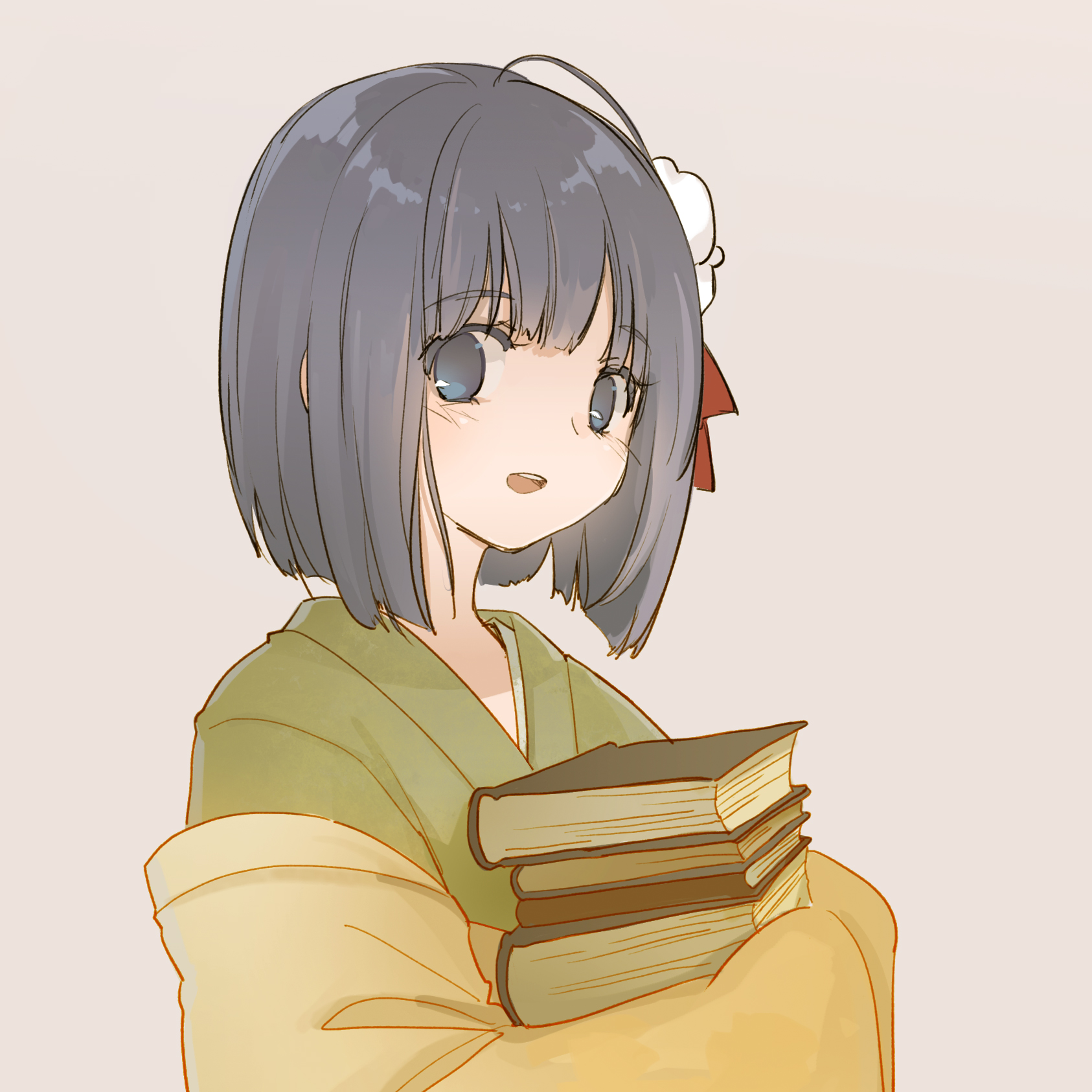 seleca, hieda no akyuu, touhou, clothing request, commentary request, highres, 1girl, bob cut, book, book stack, cape, green kimono, grey eyes, grey hair, hair ornament, holding, holding book, japanese clothes, kimono, long sleeves, looking at viewer, open mouth, short hair, solo, teeth, upper body, upper teeth only