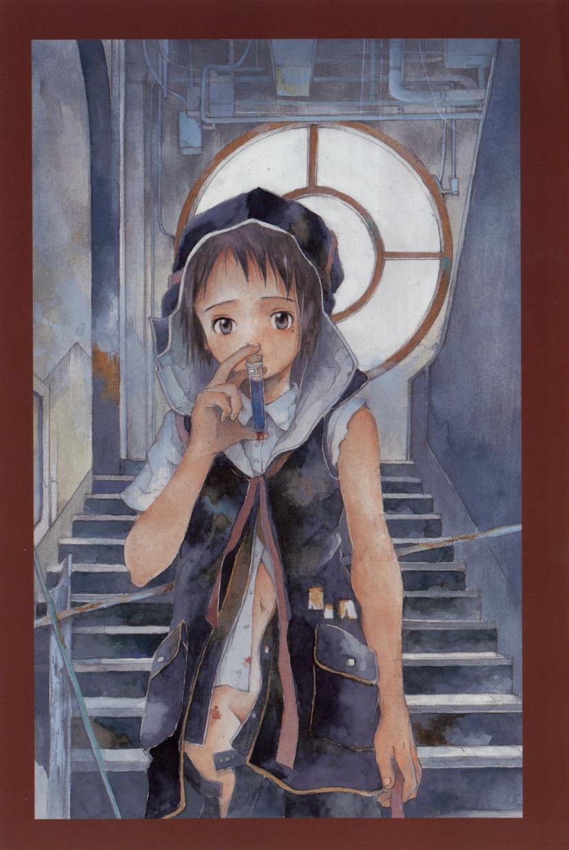 miura yasuto, original, highres, 1girl, blood, blood on clothes, brown hair, cable, dirty, dirty clothes, expressionless, female focus, holding, hood, indoors, industrial pipe, looking at viewer, mole, mole under eye, navel, no panties, pocket, rust, school uniform, shirt, short hair, short sleeves, skirt, solo, stairs, test tube, torn clothes, unbuttoned