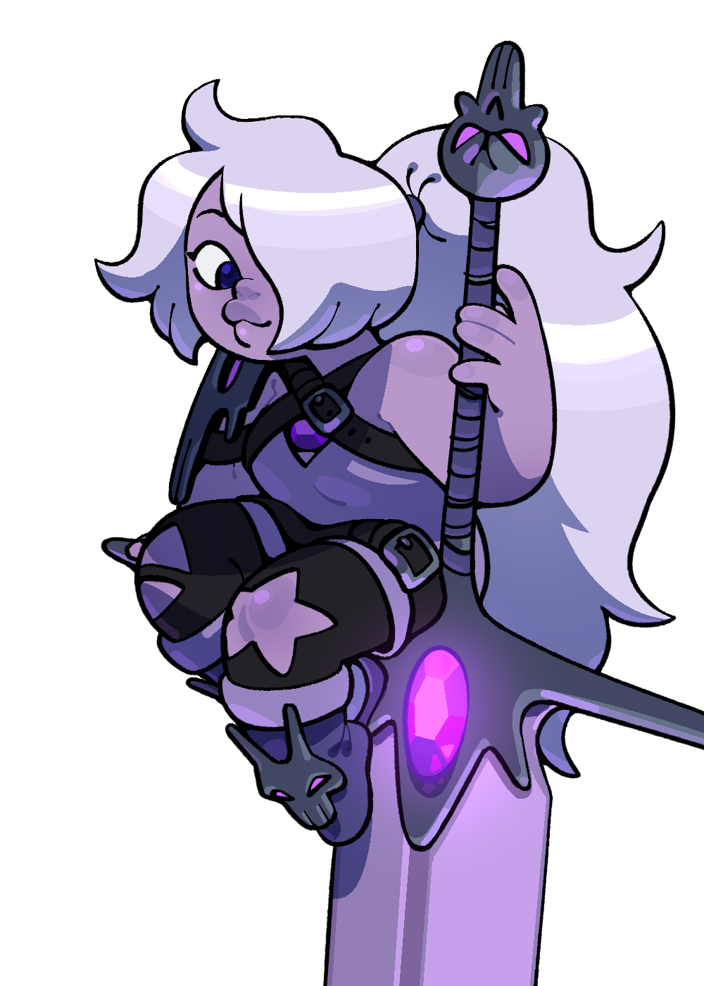 discount-supervillain, amethyst (steven universe), steven universe, highres, 1girl, alternate costume, breasts, chest jewel, colored skin, gem, hair over one eye, long hair, plump, purple gemstone, purple skin, smile, solo