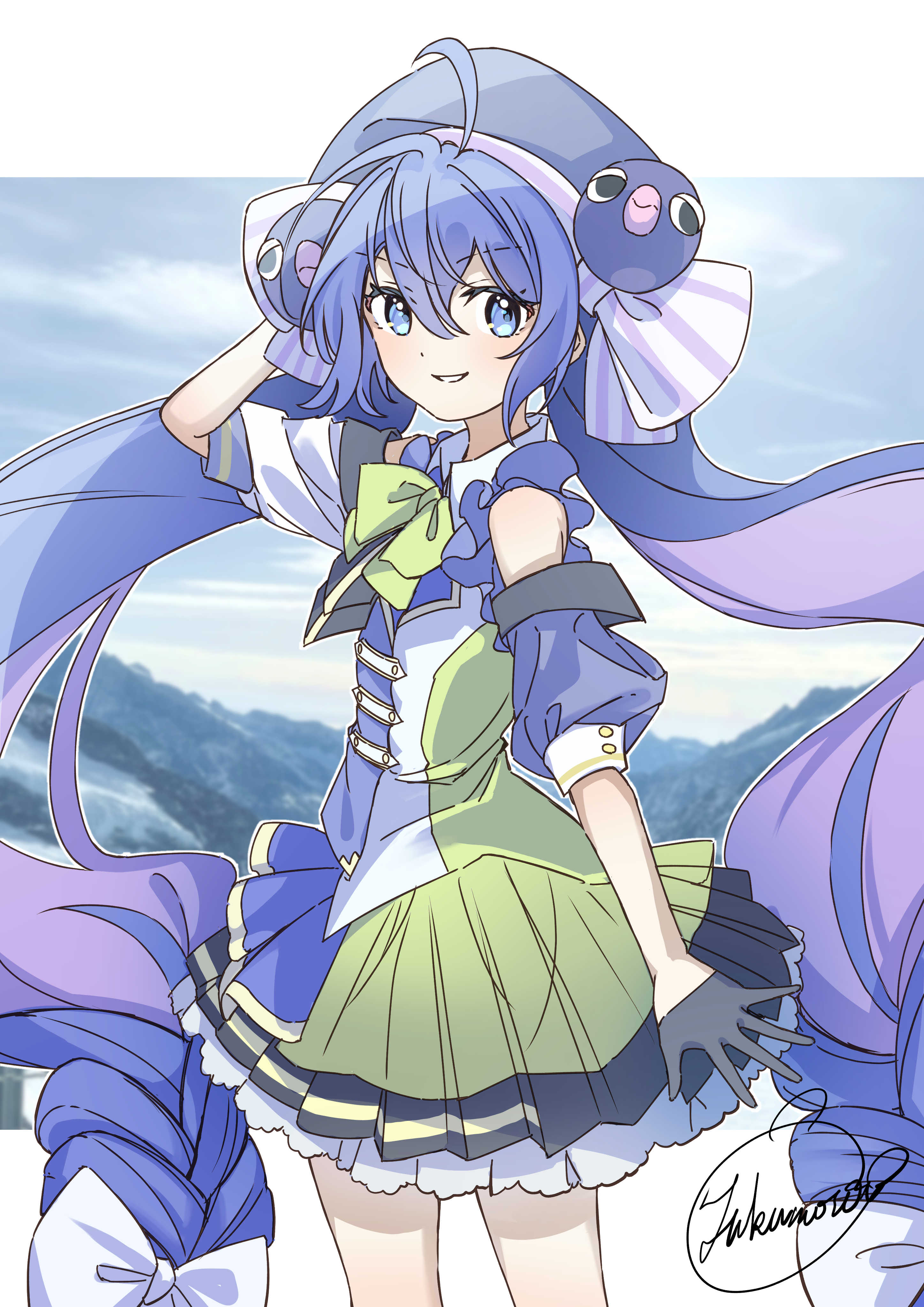 hymgkamui, otomachi una, otomachi una (sv), synthesizer v, vocaloid, absurdres, commentary request, highres, 1girl, absurdly long hair, ahoge, artist name, ascot, asymmetrical sleeves, beret, black ascot, black gloves, black skirt, blue eyes, blue hair, blue jacket, blue overskirt, bow, bowtie, braid, buttons, clothing cutout, collared shirt, colored inner hair, cowboy shot, double-breasted, double-parted bangs, floating hair, frilled skirt, frills, gloves, green bow, green bowtie, grin, hair bow, half gloves, hand on own head, hat, hat ribbon, jacket, lapels, letterboxed, long hair, looking at viewer, low-braided long hair, low-tied long hair, mismatched sleeves, multicolored hair, multicolored jacket, outdoors, outline, overskirt, pleated skirt, puffy sleeves, purple hair, ribbon, see-through overskirt, shirt, shoulder cutout, sidelocks, signature, skirt, sleeve cuffs, smile, solo, standing, striped ribbon, three-quarter sleeves, twintails, two-tone hair, very long hair, white bow, white outline, white ribbon, white shirt