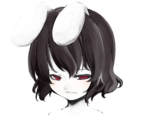 sakuraba yuuki, inaba tewi, touhou, lowres, 1girl, animal ears, blush, female focus, monochrome, rabbit ears, red eyes, solo, spot color, white background
