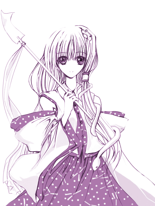 kochiya sanae, touhou, eyebrows, non-web source, 1girl, detached sleeves, female focus, frog hair ornament, gohei, hair ornament, hair tubes, long hair, monochrome, purple theme, shirt, single hair tube, sleeveless, sleeveless shirt, smile, snake hair ornament, solo, wide sleeves