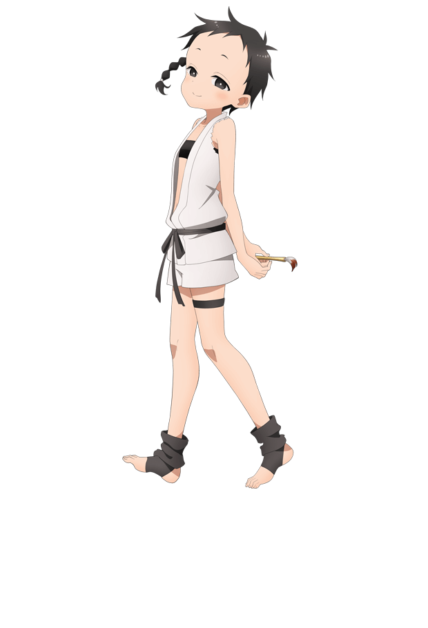 okuda yousuke, hasu (kunoichi tsubaki no mune no uchi), kunoichi tsubaki no mune no uchi, official art, 1girl, anime coloring, arms behind back, black eyes, black hair, black sash, black socks, black tube top, braid, breasts, calligraphy brush, closed mouth, collarbone, flat chest, from side, full body, holding, holding calligraphy brush, holding paintbrush, japanese clothes, kimono, looking at viewer, midriff, navel, ninja, open clothes, paintbrush, sash, short hair, short shorts, shorts, side braid, simple background, sleeveless, sleeveless kimono, socks, solo, spiked hair, standing, strapless, tachi-e, tareme, thigh strap, toeless legwear, transparent background, tube top, very short hair, white kimono, white shorts