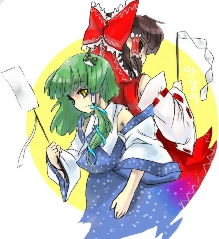 hakurei reimu, kochiya sanae, touhou, non-web source, 2girls, black hair, blue skirt, bow, female focus, gohei, green eyes, green hair, hair bow, hair tubes, holding, multiple girls, nontraditional miko, oonusa, red bow, simple background, single hair tube, skirt, stick, white background
