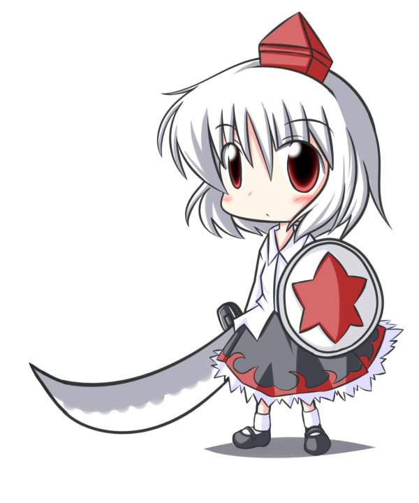 inubashiri momiji, touhou, non-web source, 1girl, blush, female focus, hat, long skirt, red eyes, shield, short hair, skirt, socks, solo, sword, tokin hat, weapon, white hair