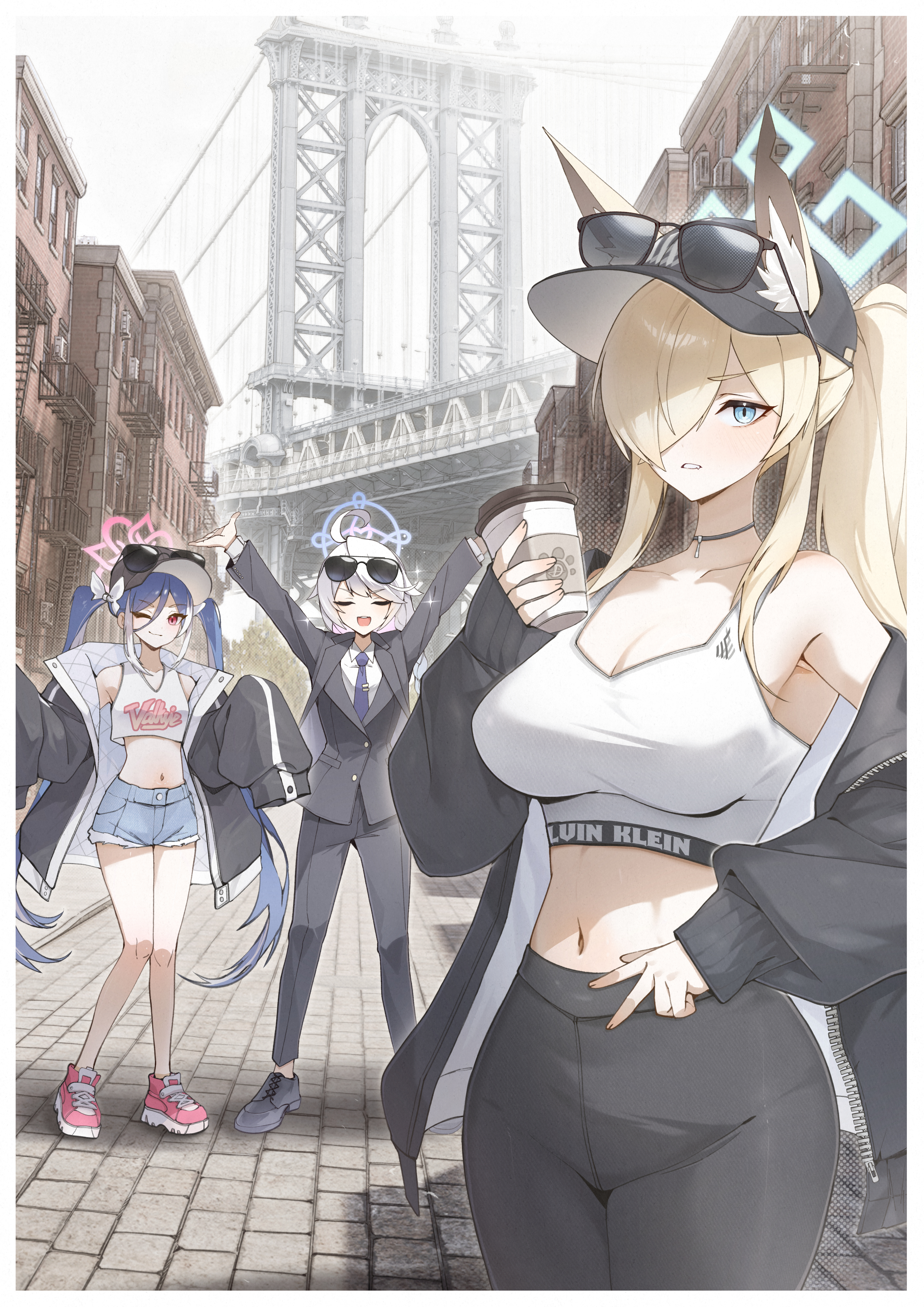 micasa tto, fubuki (blue archive), kanna (blue archive), kirino (blue archive), blue archive, calvin klein, absurdres, highres, 3girls, ahoge, animal ear fluff, animal ears, black hat, black jacket, black pants, black shoes, black suit, blonde hair, blue eyes, blue hair, blue halo, blue necktie, blush, breasts, choker, cleavage, closed eyes, collarbone, cup, denim, denim shorts, dog ears, eyewear on head, formal clothes, grey hair, hair over one eye, halo, hat, holding, holding cup, jacket, large breasts, long hair, looking at viewer, manhattan bridge, multiple girls, navel, necktie, new york city, notched ear, open clothes, open jacket, oversized jacket, pants, pink halo, pink shoes, ponytail, purple halo, real world location, shirt, shoes, shorts, single bare shoulder, sleeves past fingers, sleeves past wrists, small breasts, sports bra, suit, sunglasses, thighs, twintails, v, white shirt, white sports bra