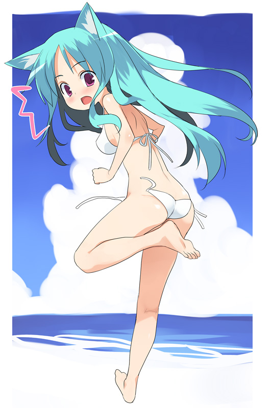 nora higuma, original, animal ears, bare shoulders, barefoot, bikini, blush, cat ears, day, feet, full body, green hair, long hair, outdoors, purple eyes, side-tie bikini bottom, soles, solo, swimsuit, wardrobe malfunction, white bikini